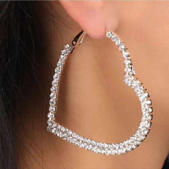 Clear Sparkle Rhinestone Heart Hoop Earrings - Picture 1 of 3
